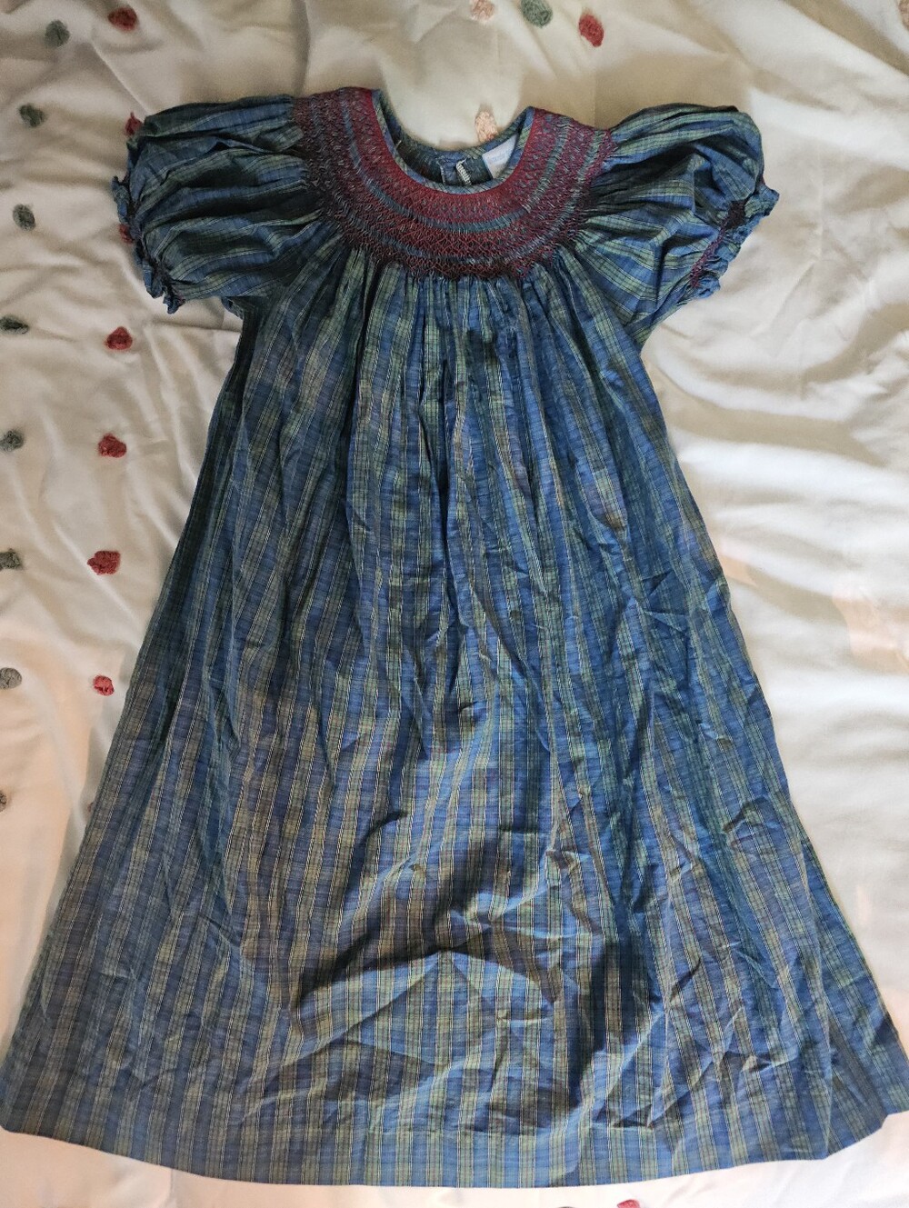 Blue Plaid Smocked Girls' Casual Dress with Puff Sleeves